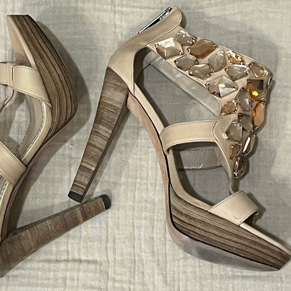 Jean-Michel Cazabat Crystal Embellished Platform Leather High Heels Nude Sz 7.5 - Picture 5 of 16